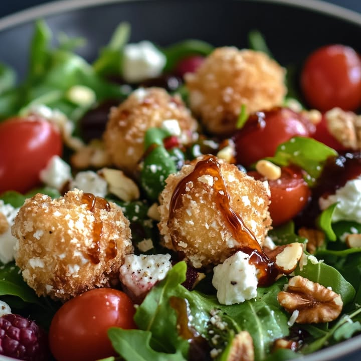 Ensalada de cabra frita, vinagreta de caramelo y frambuesas