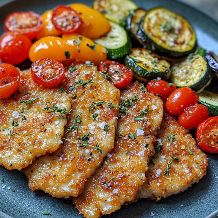 Escalopes de veau con vegetales asados.