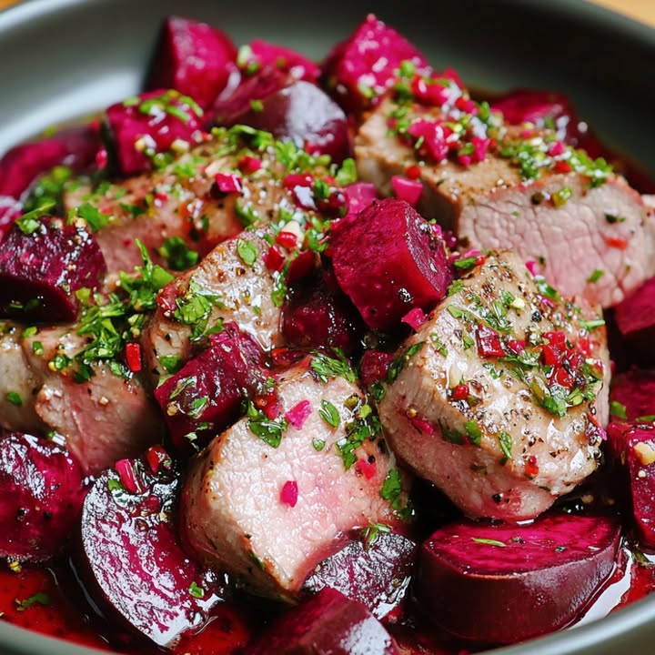 Filete de cerdo con salsa de remolacha