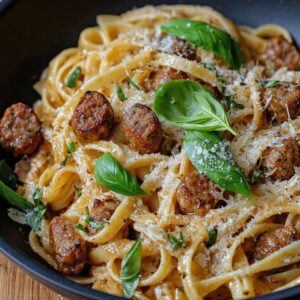 Linguines cremosos con salchicha crujiente