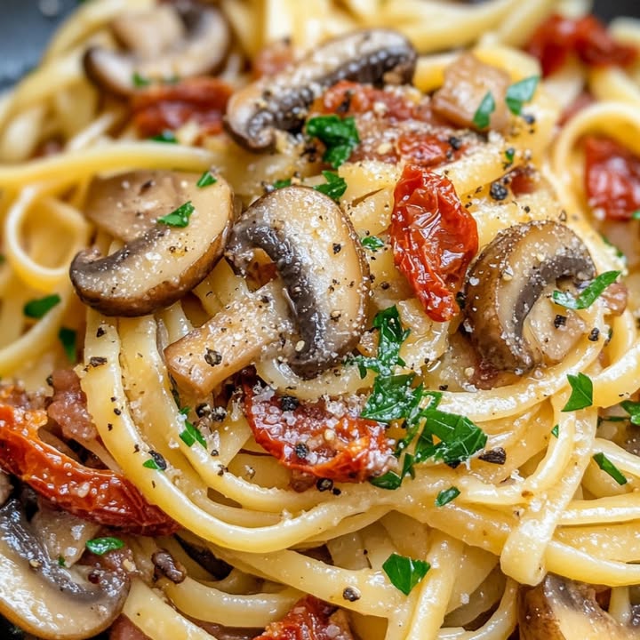 Descubre cómo preparar deliciosos linguines frescos con champiñones, tomates secos y panceta. Receta fácil y rápida para sorprender a todos en casa.