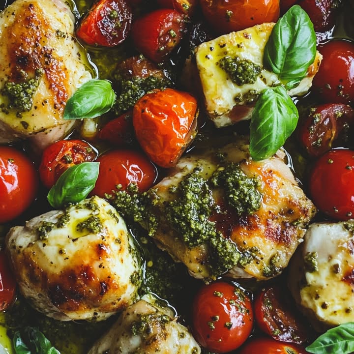 Muslos de pollo con pesto, tomates y halloumi.