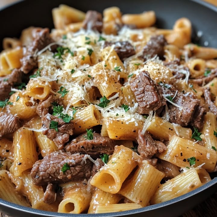 Pastas con carne y salsa rosa