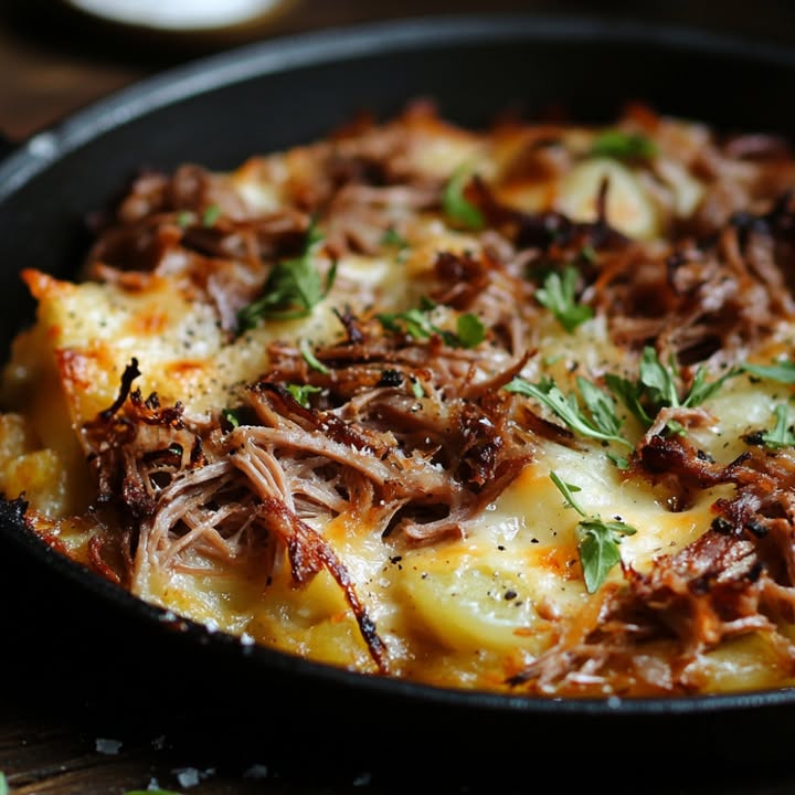 Röstis Gratinados con Cerdo Effiloché.