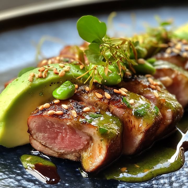 Tataki de magret con aguacate.