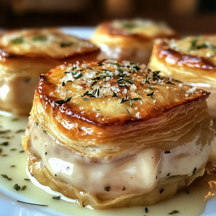 Vol-au-vent de pavo con salsa de vino blanco y parmesano.