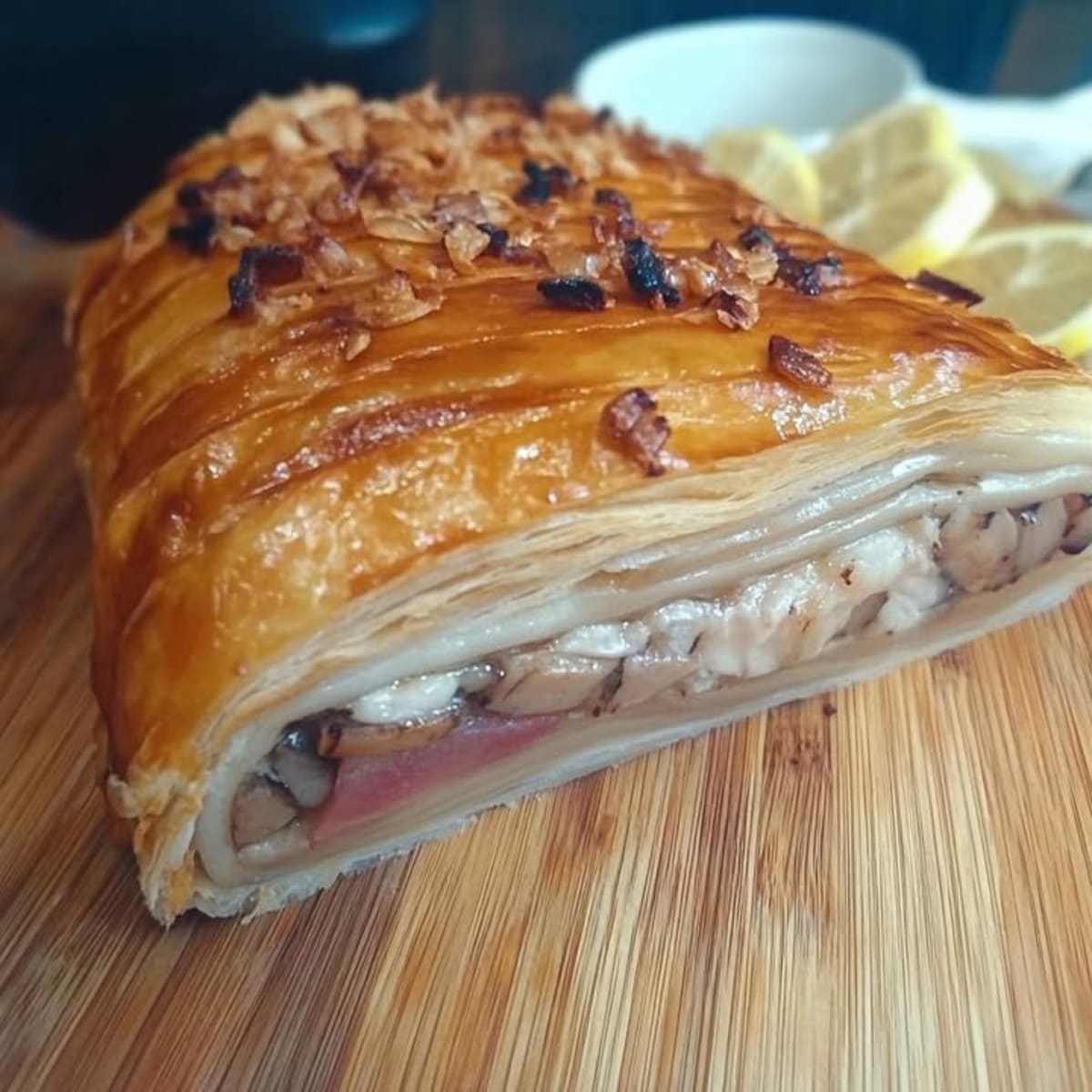 Hojaldre champiñones jamón crujiente.