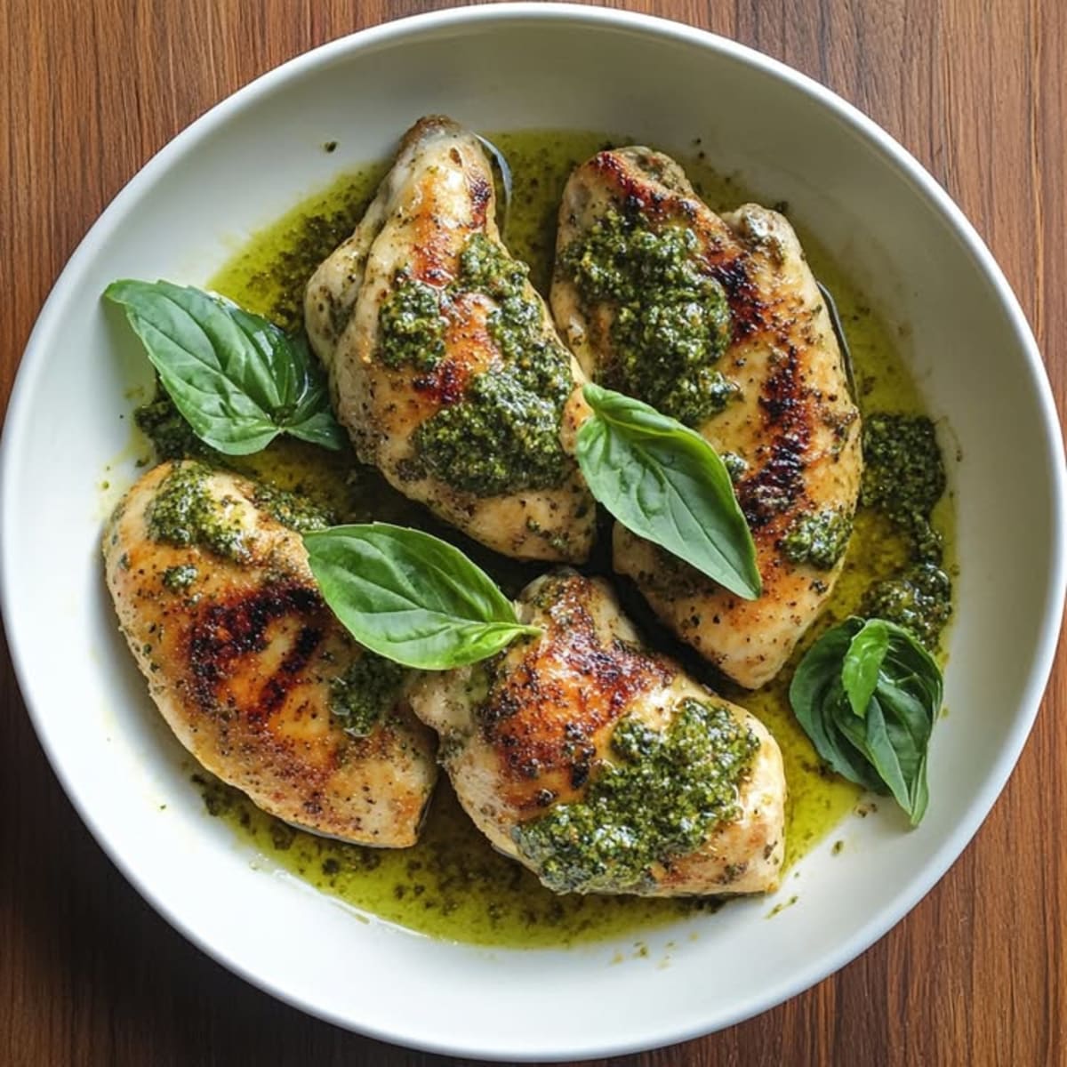 Pollo con pesto exquisito.