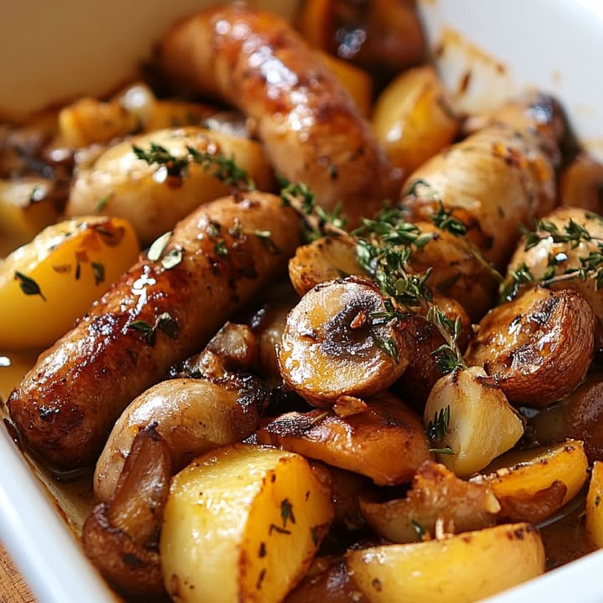 Salchichas horneadas con champiñones