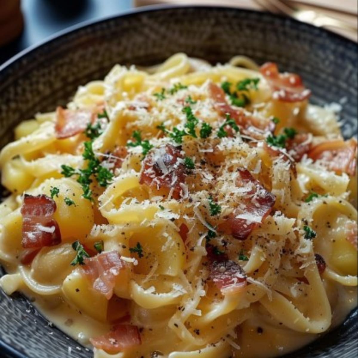 Carbonara con Papas Crujientes