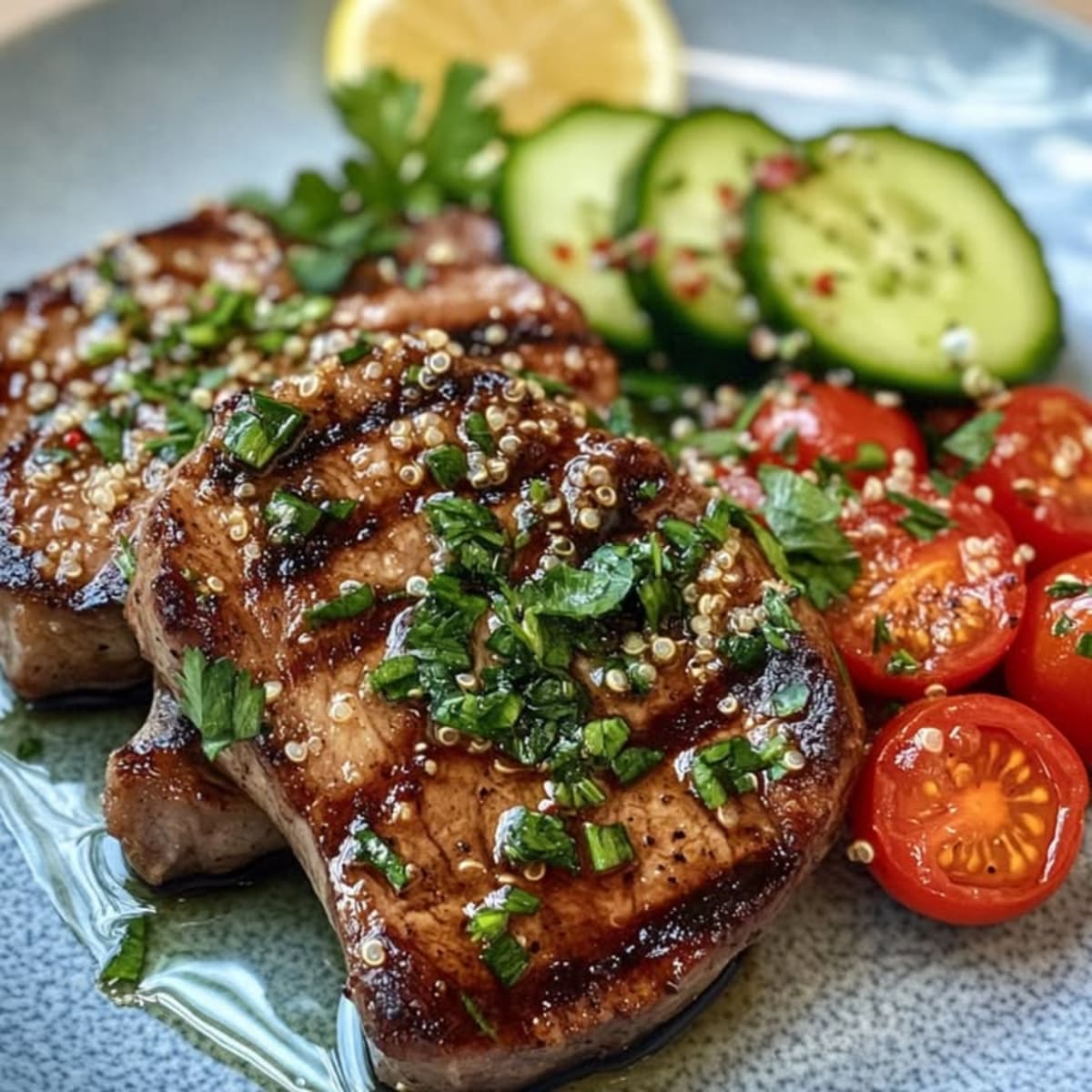 Coteletas de ternera y quinoa marinada