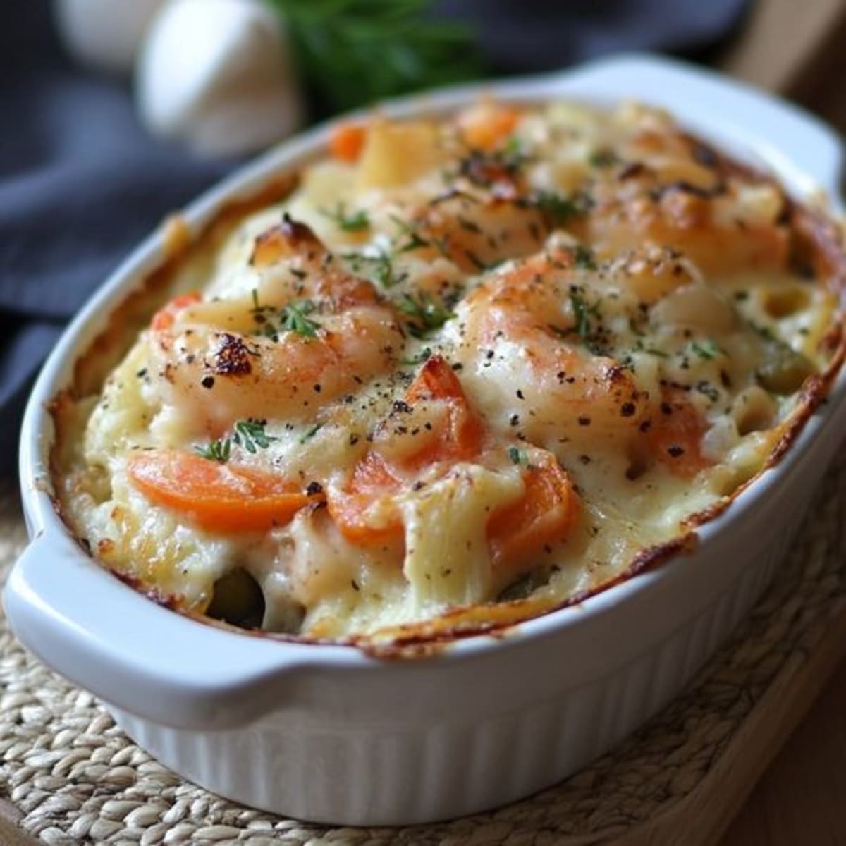 Gratin Vegetal con Camarones.