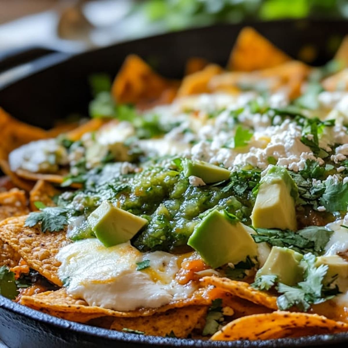 Chilaquiles con salsa y aguacate