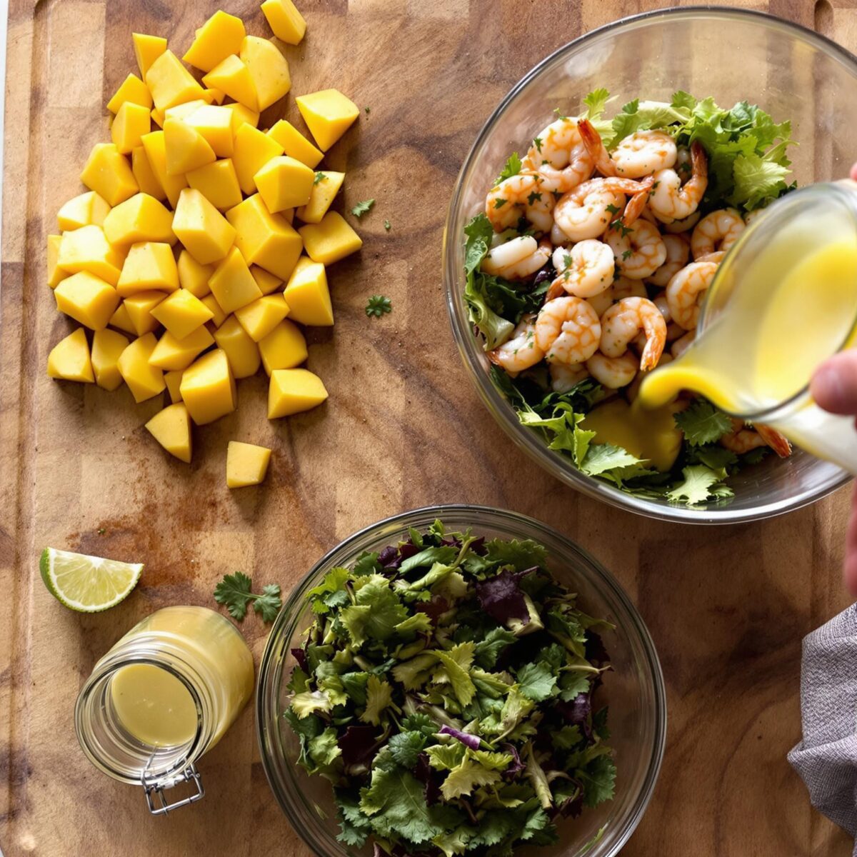 Ensalada tropical con mango y gambas