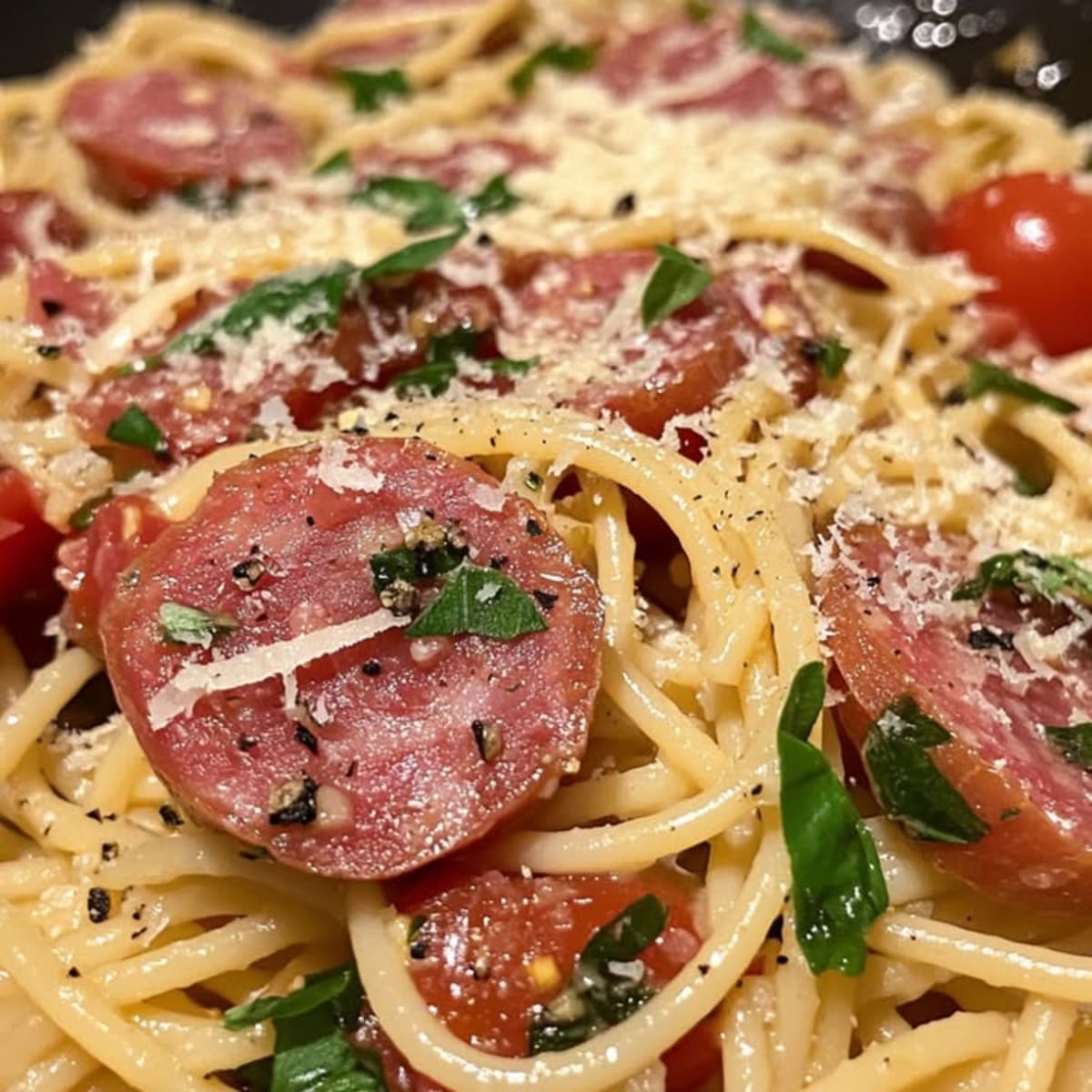 Espaguetis Salami Tomate