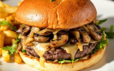 Hamburguesa con champiñones y cebolla caramelizada: ¡Delicia!
