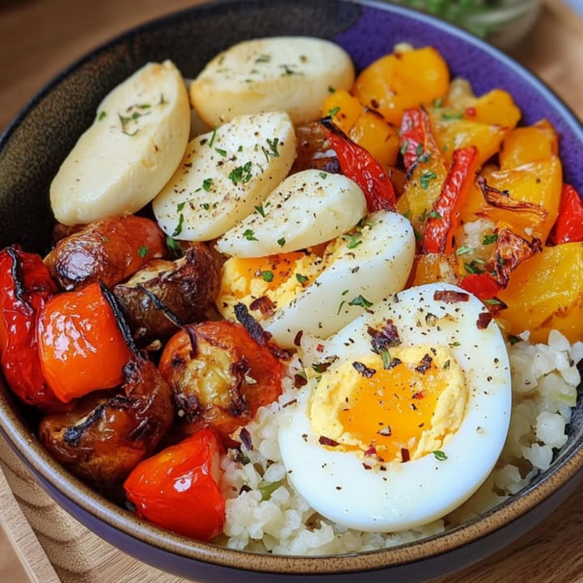 Huevos, vegetales asados y arroz de coliflor