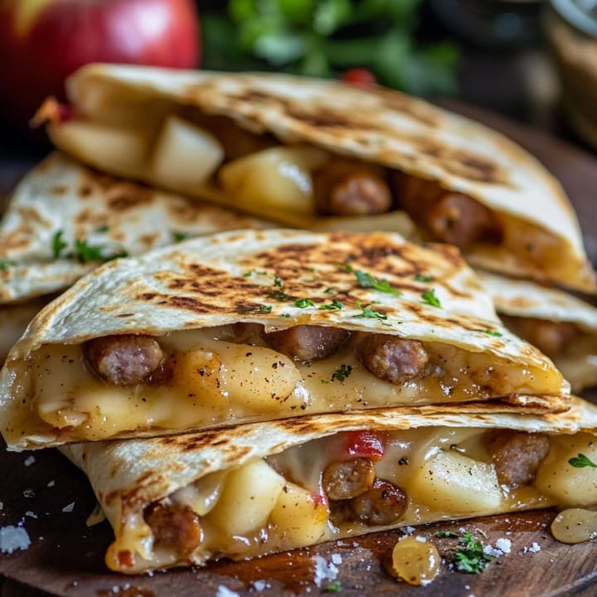 Quesadillas Sausage, Queso y Manzana