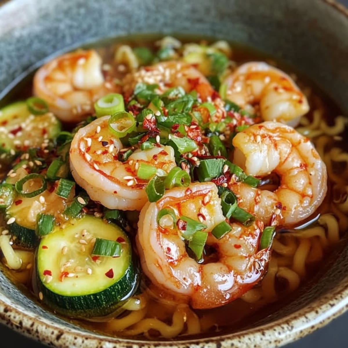 Ramen de gambas y calabacín