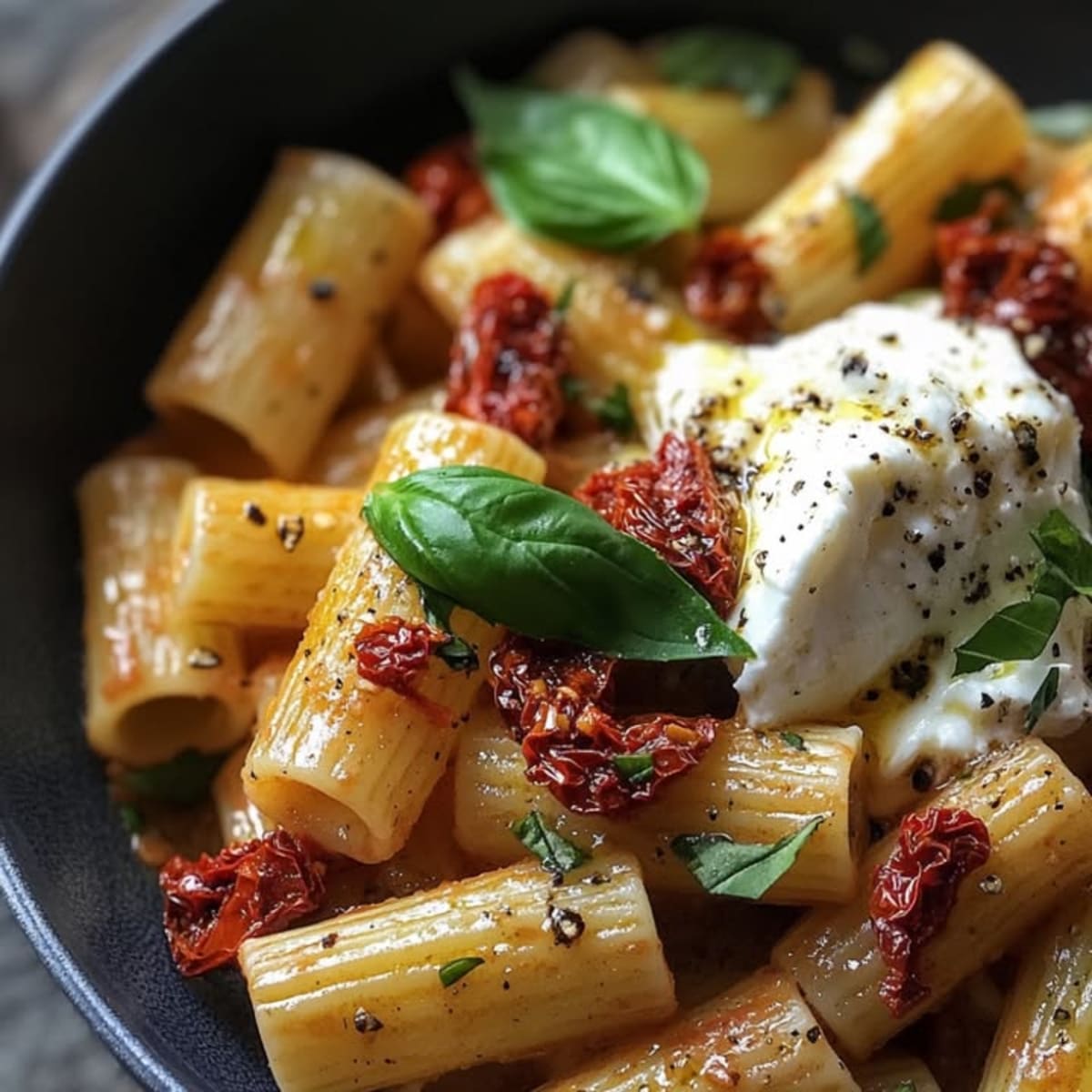 Rigatoni con tomates confitadas y burrata