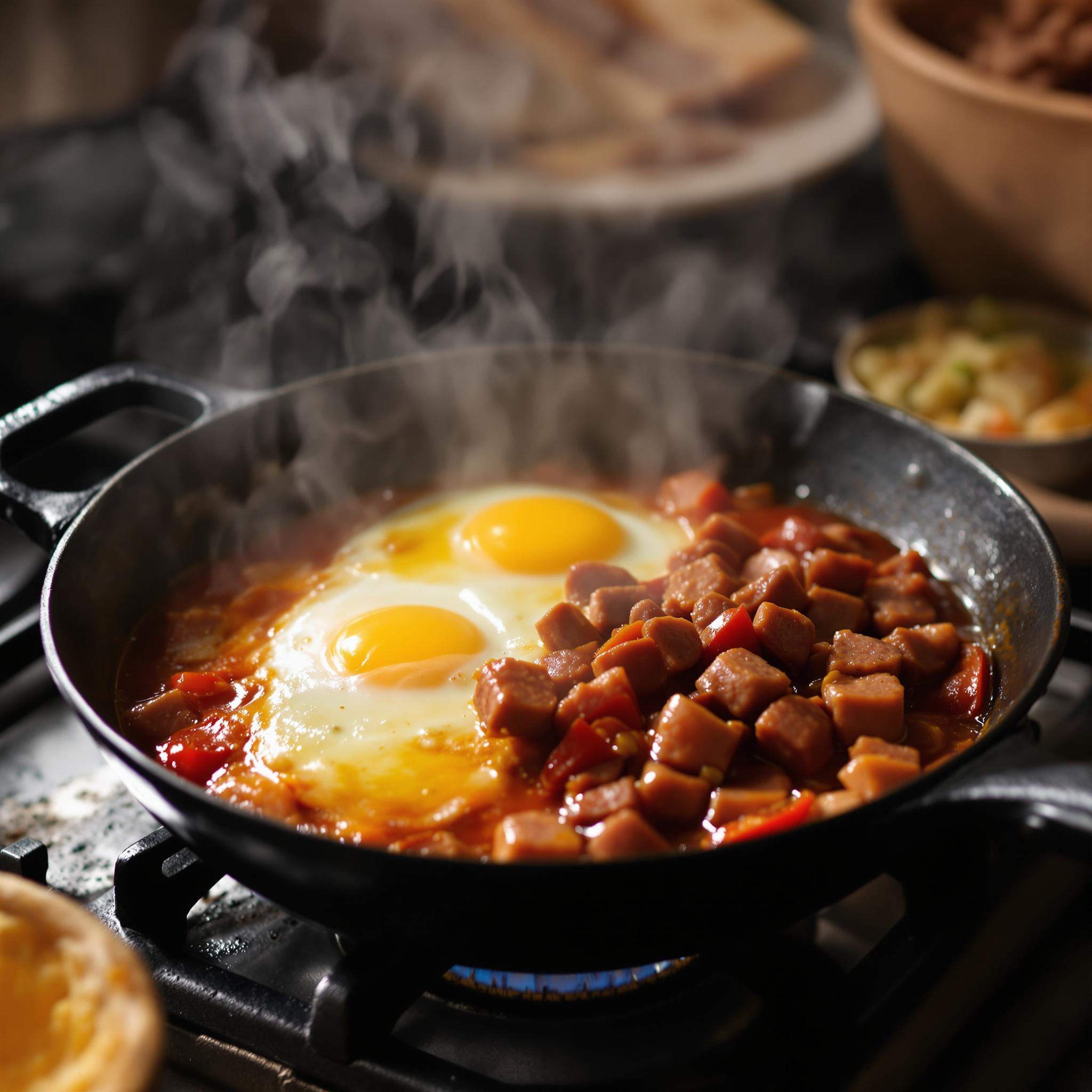 Huevos al plato con chorizo y pimientos