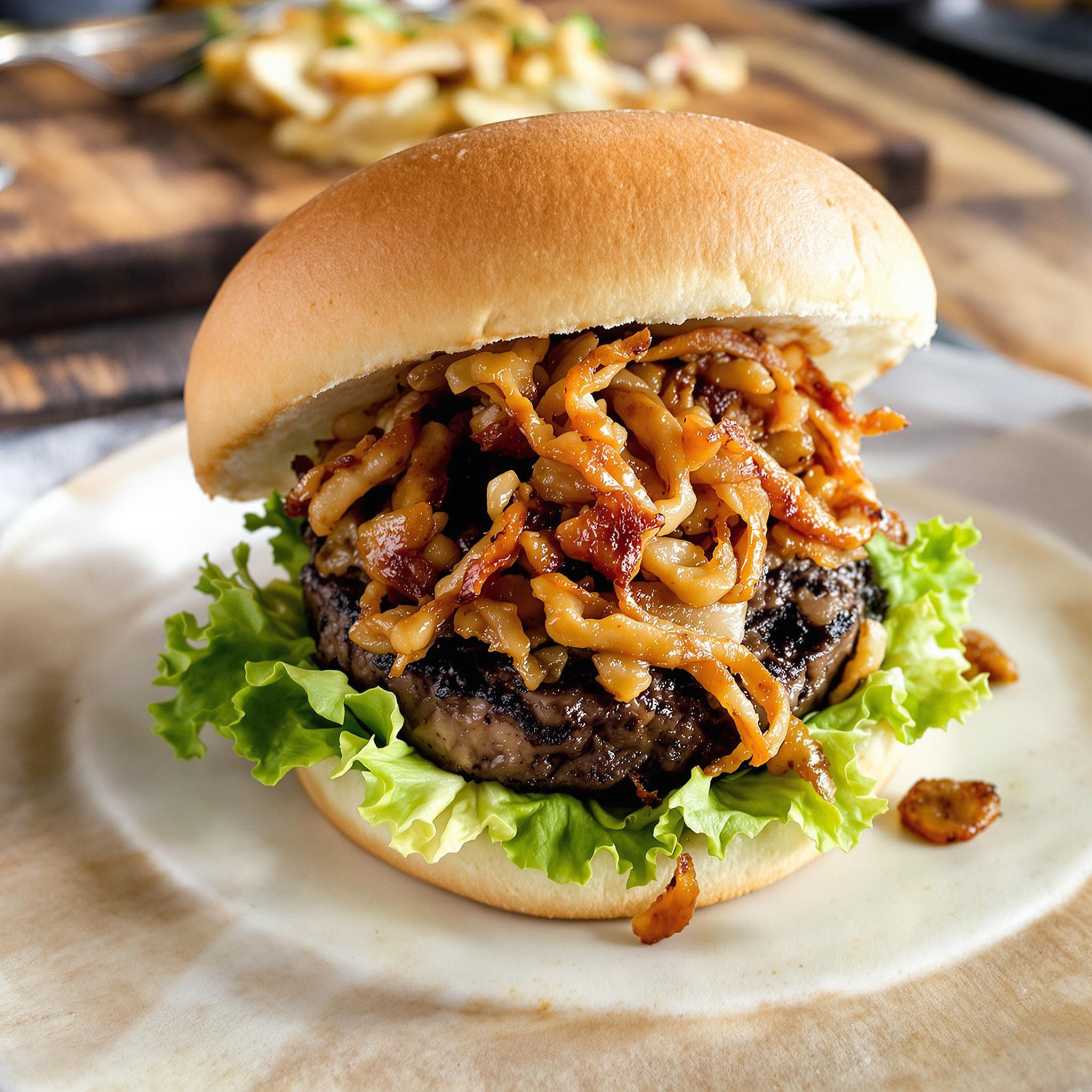 Hamburguesa de champiñones con cebolla crujiente