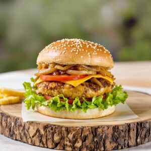 Hamburguesa de pollo con cebolla caramelizada