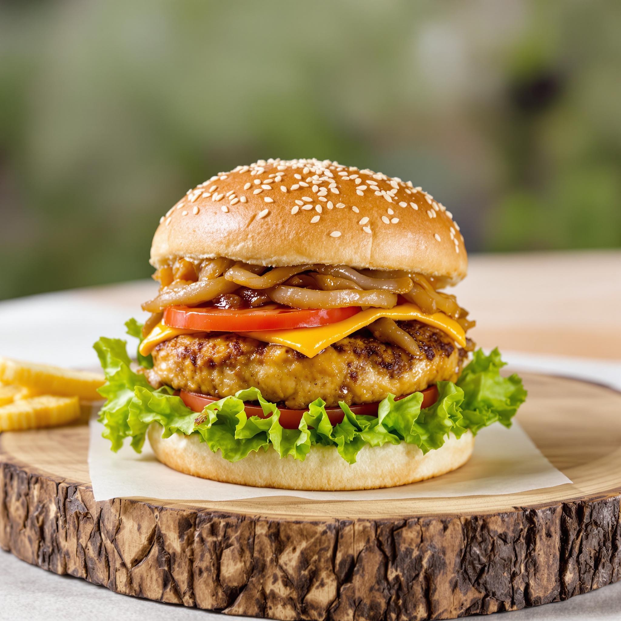 Hamburguesa de pollo con cebolla caramelizada
