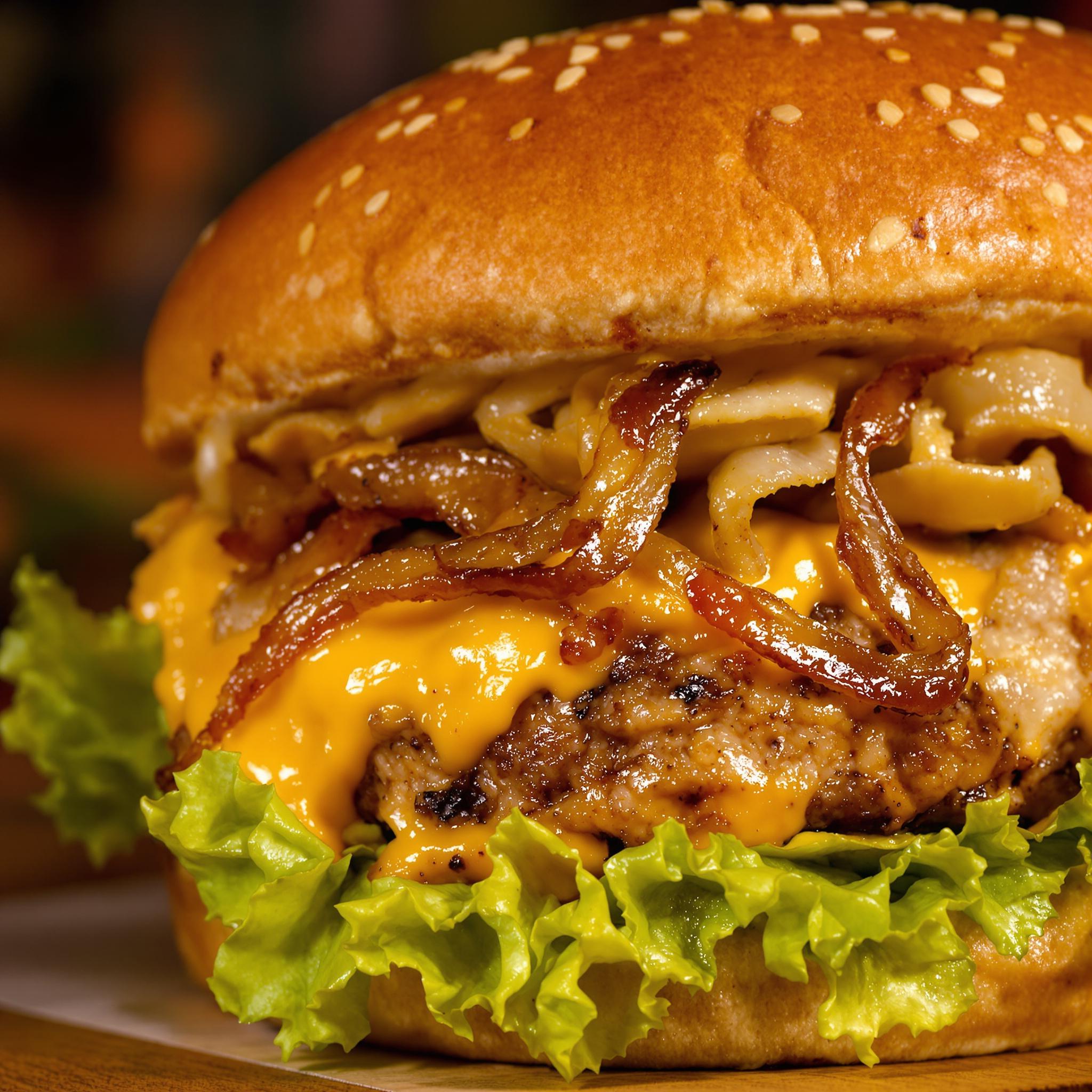 Hamburguesa de pollo con cebolla caramelizada