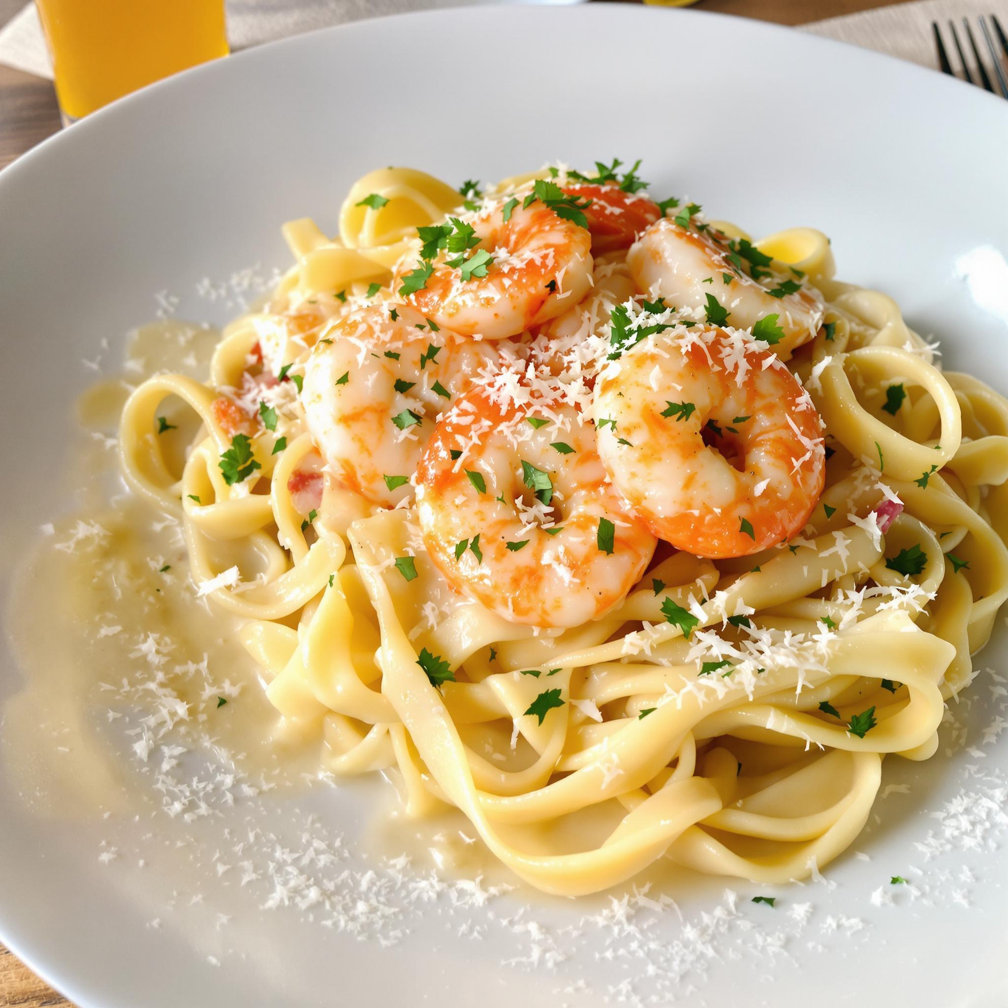 Fettuccine con gambas y crema de ajo