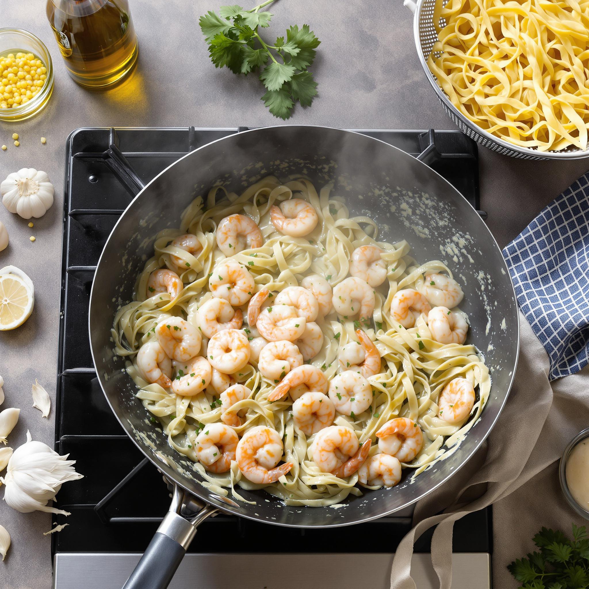 Fettuccine con gambas y crema de ajo