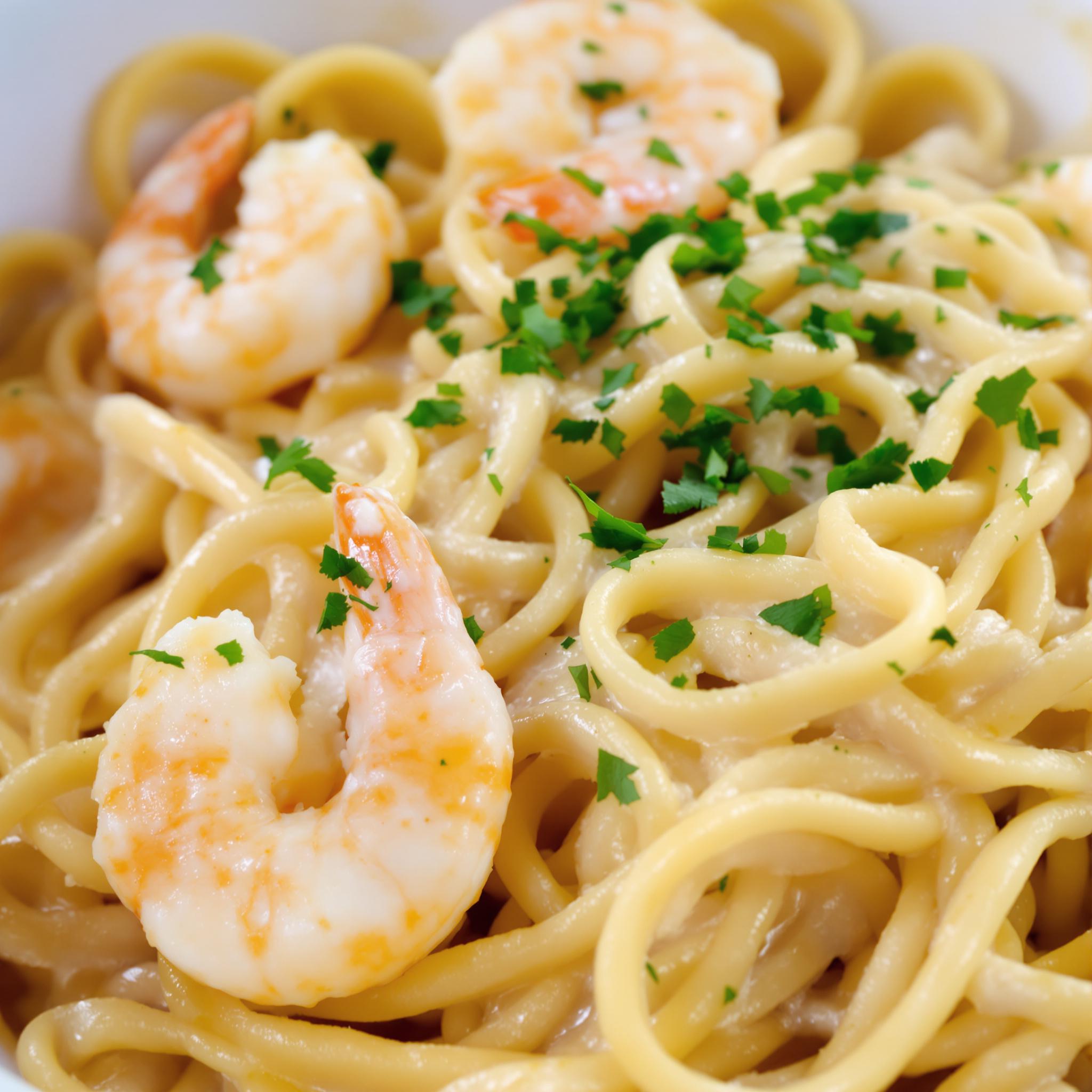 Fettuccine con gambas y crema de ajo