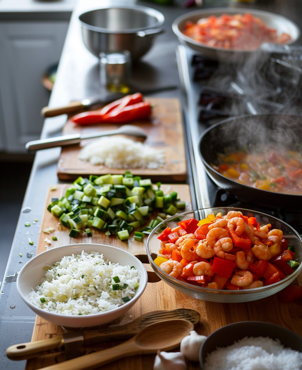 arroz con verdura y gambas