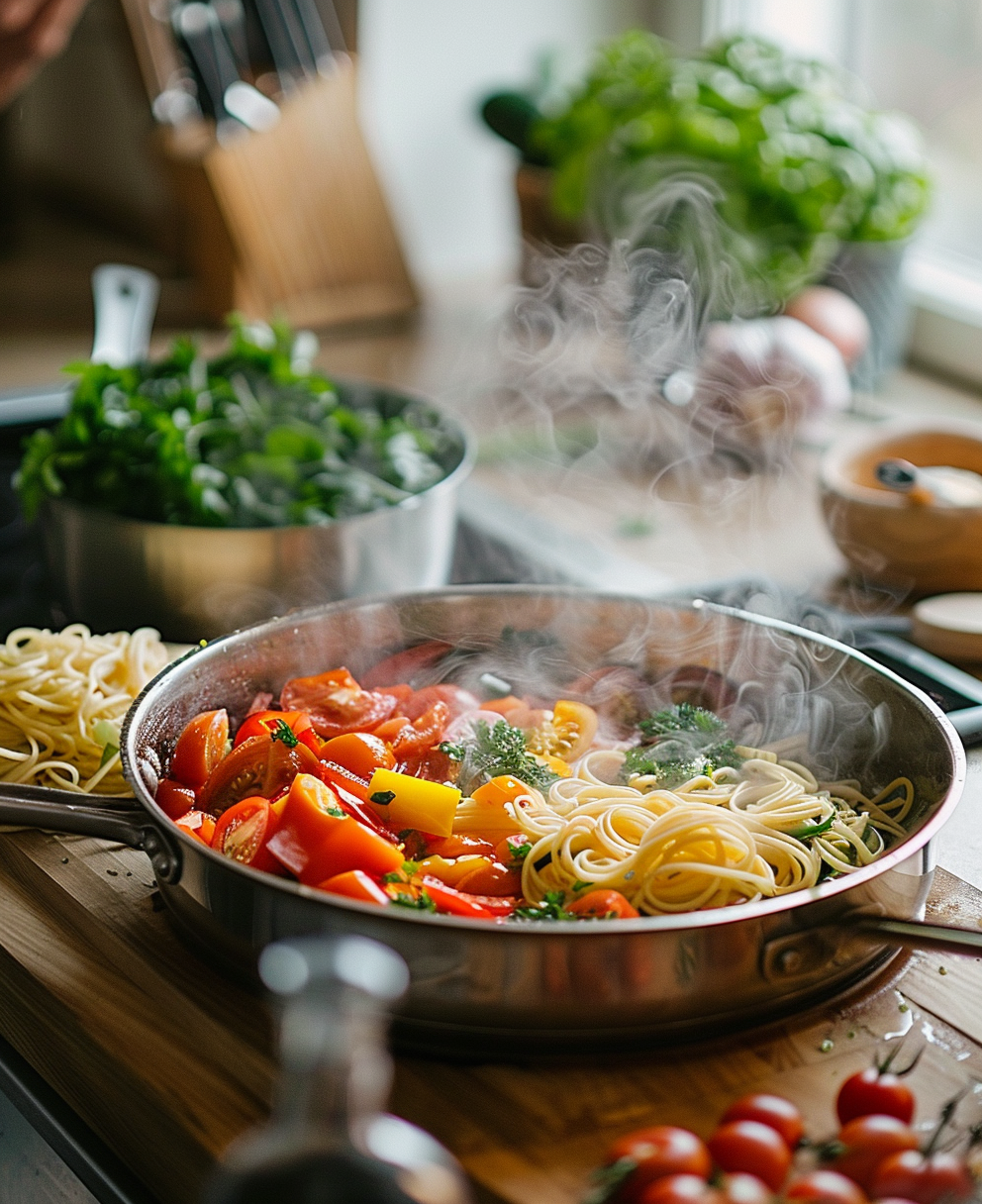 pasta con verduras salteadas