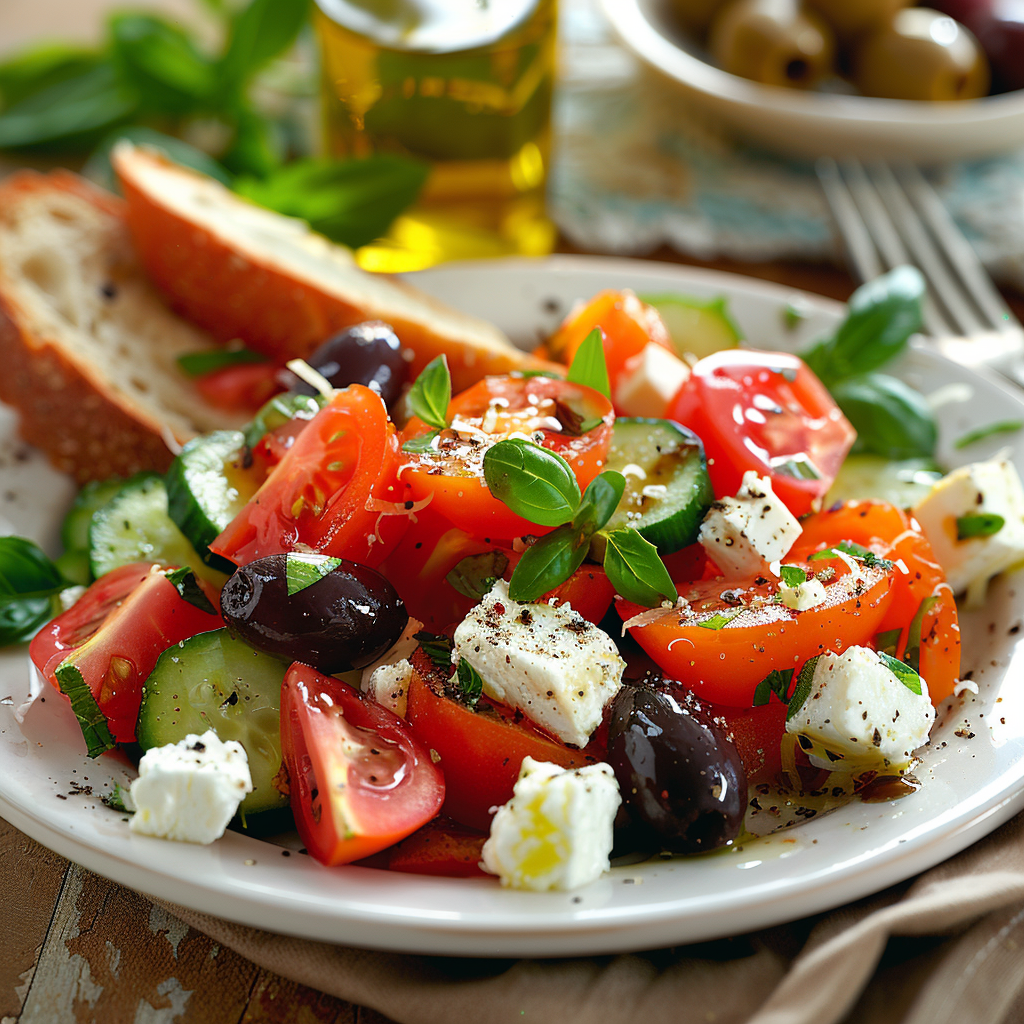 Ensalada de tomate, pepino y queso fresco