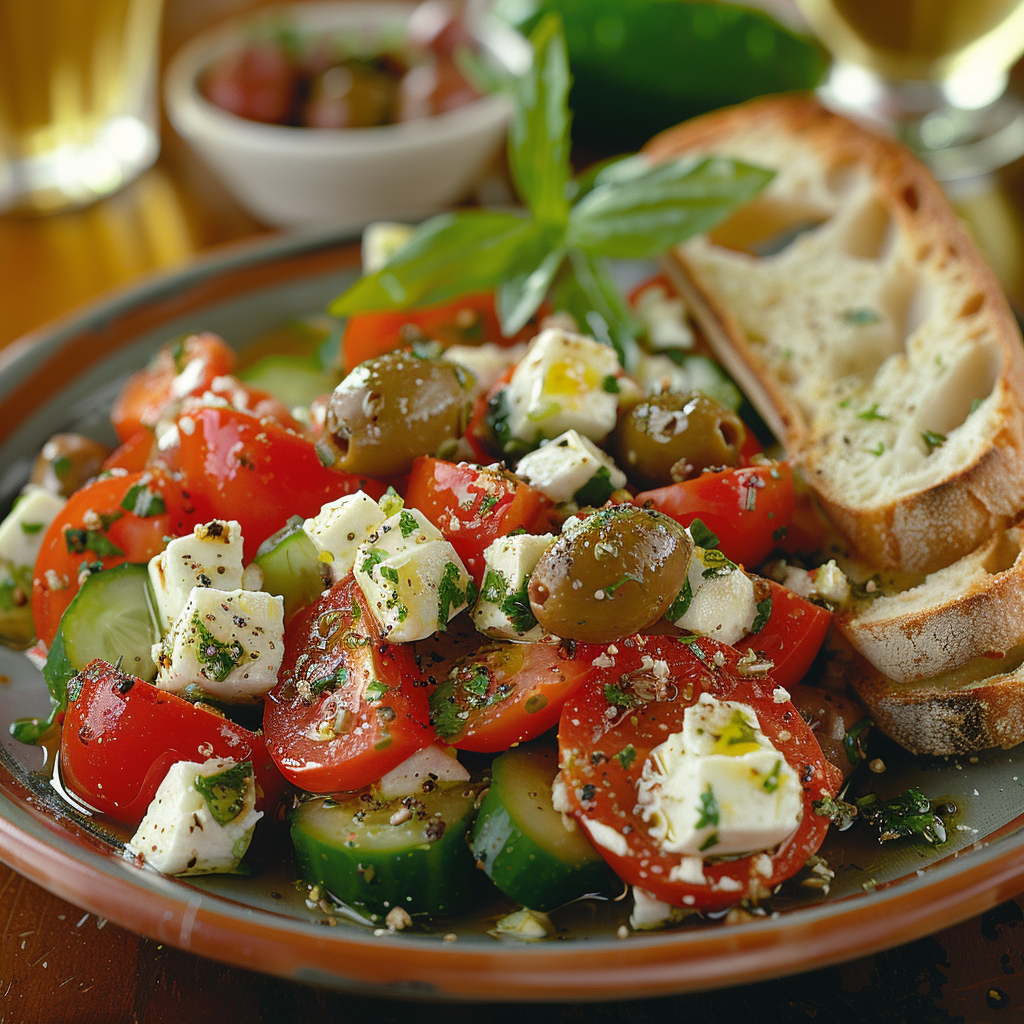 Ensalada de tomate, pepino y queso fresco