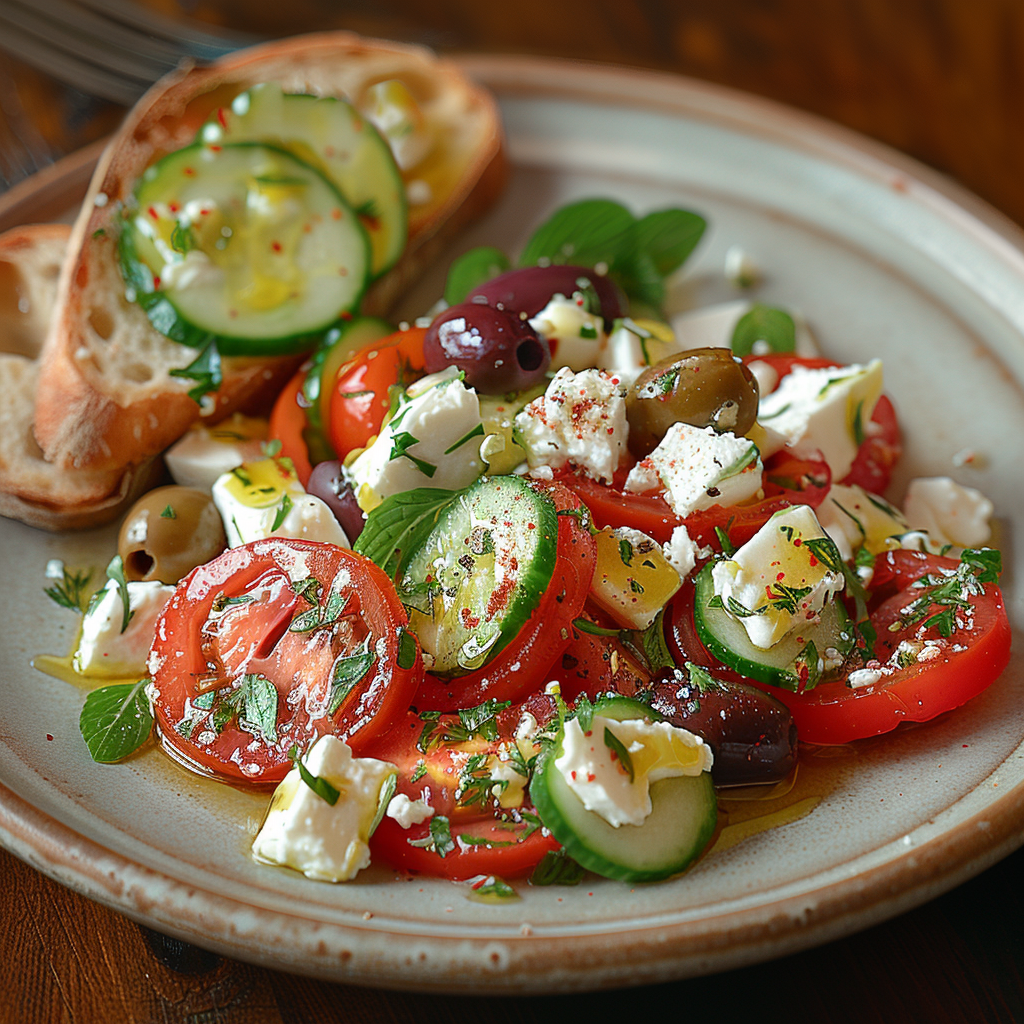 Ensalada de tomate, pepino y queso fresco