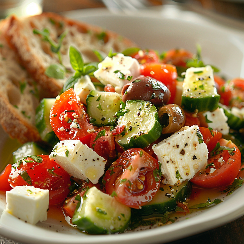 Ensalada de tomate, pepino y queso fresco