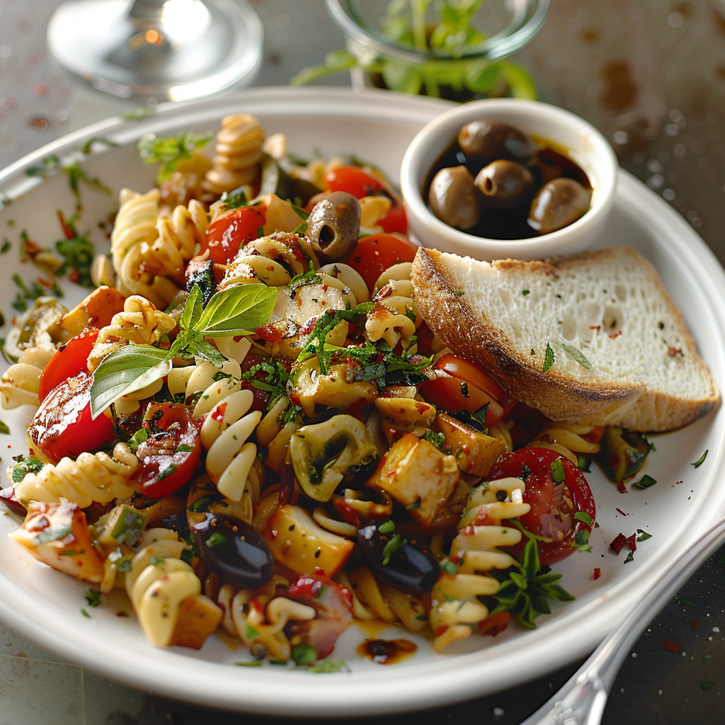 Ensalada mediterránea con pasta y verduras