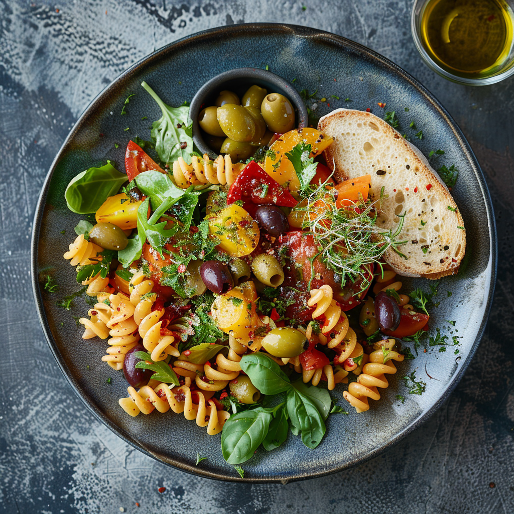 Ensalada mediterránea con pasta y verduras