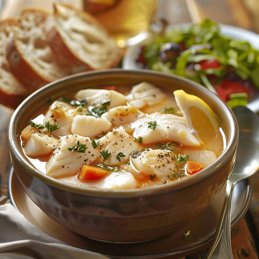 Sopa de pescado casera con limón