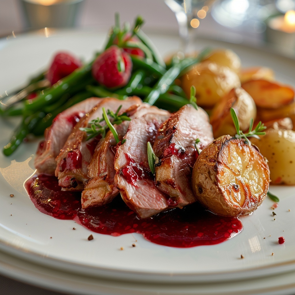 Magret de pato con salsa de frambuesa