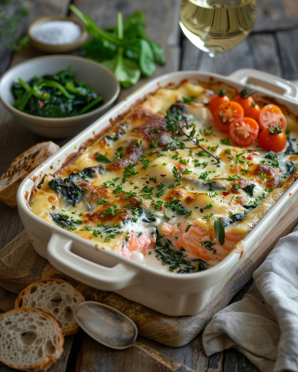 Gratin de salmón y espinacas