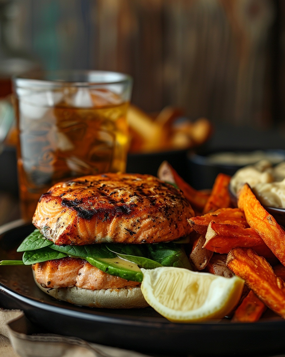 Hamburguesa de salmón con espinacas y aguacate