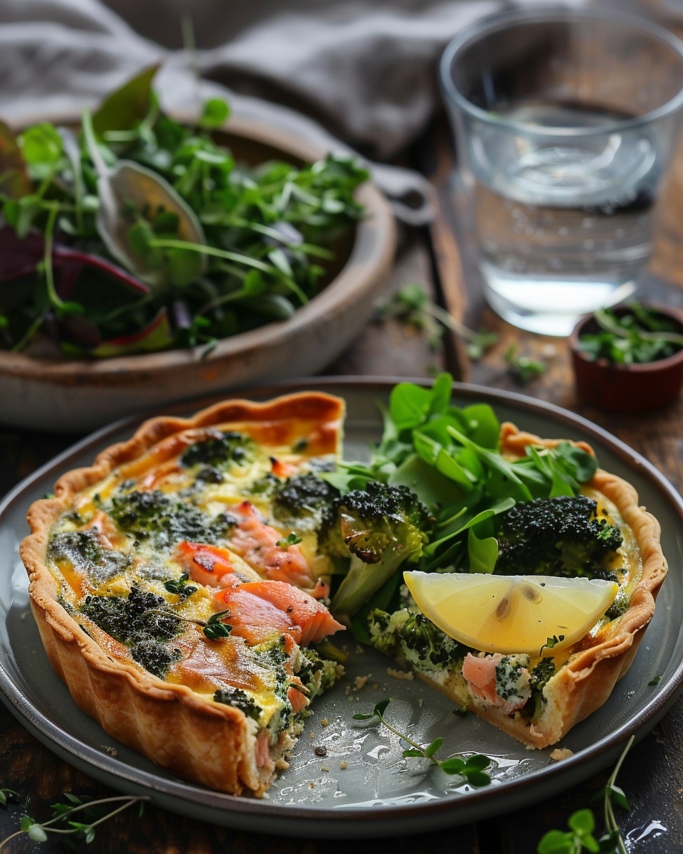 Tarta salada de salmón ahumado y brócoli