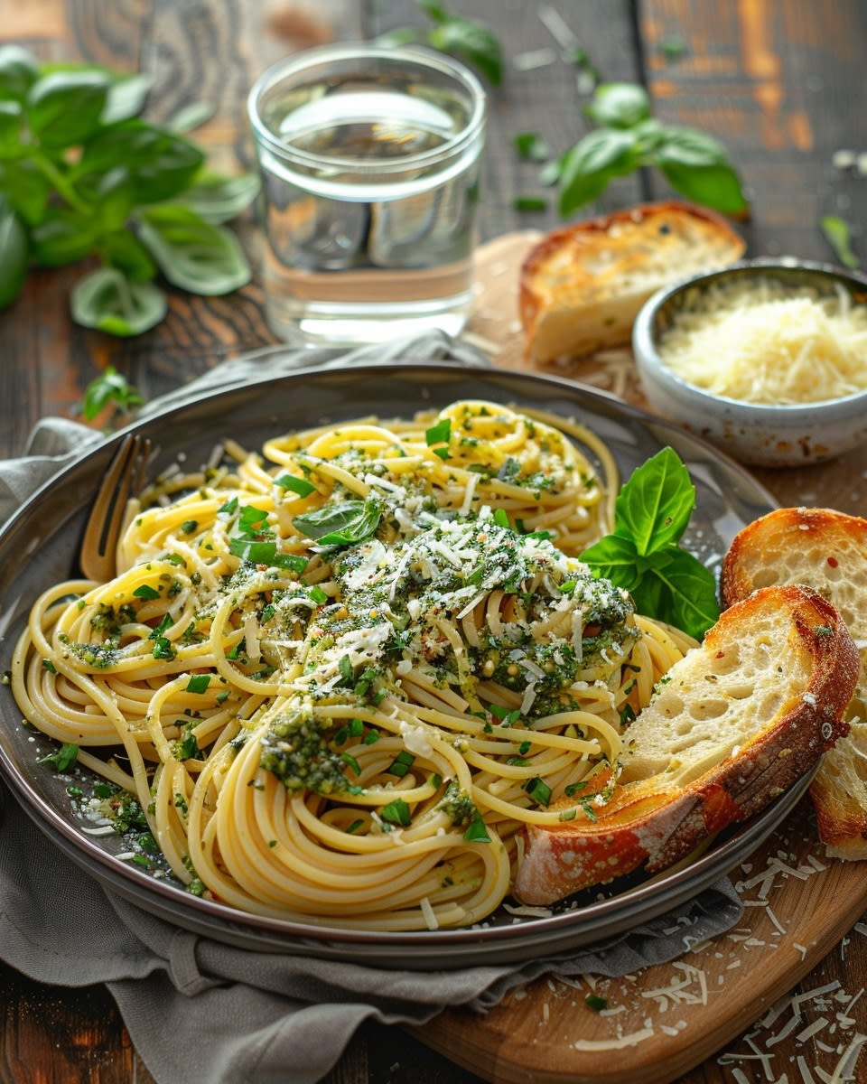 Espaguetis con salsa pesto casera