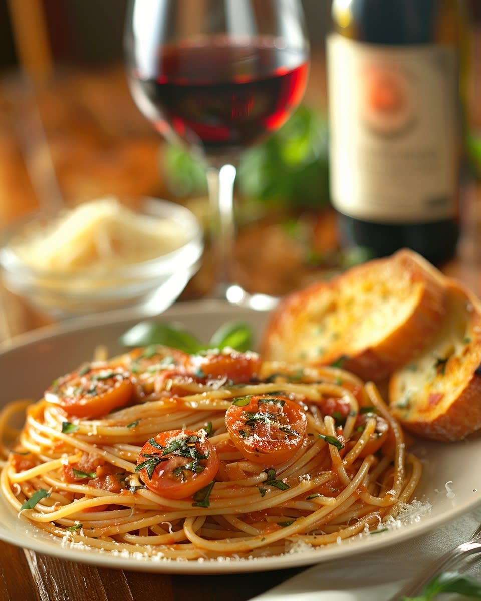 Espaguetis con tomate y albahaca