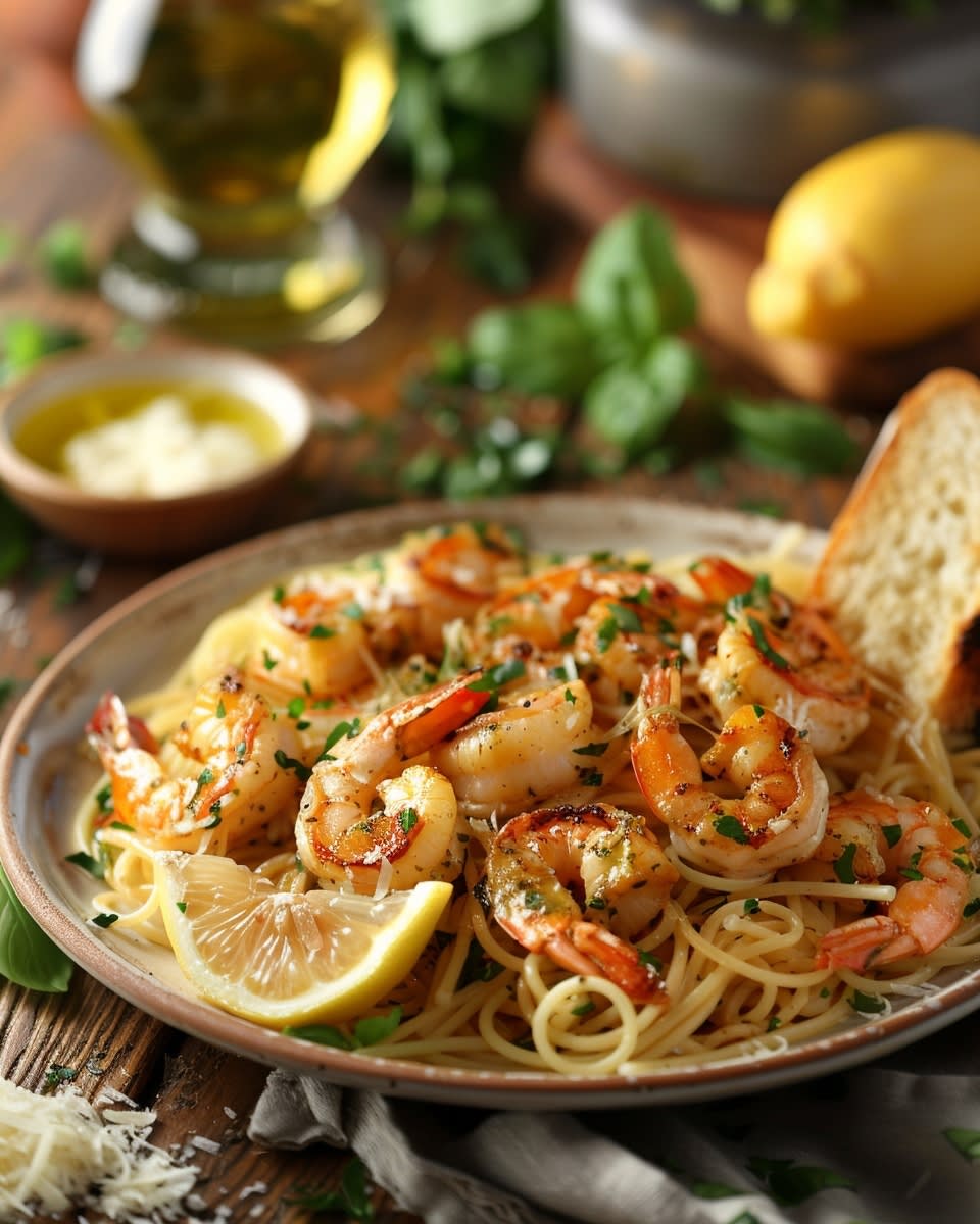 Pasta con gambas y limón