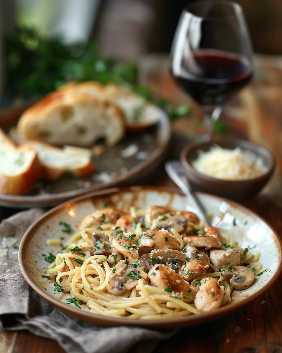 Pasta con pollo y champiñones
